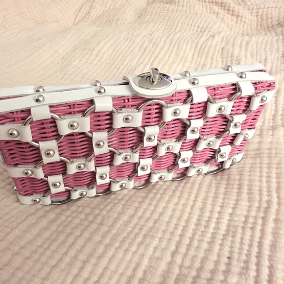 Hype Handbags - Hype Pink and White Wicker Clutch With Leather and Metal Accents